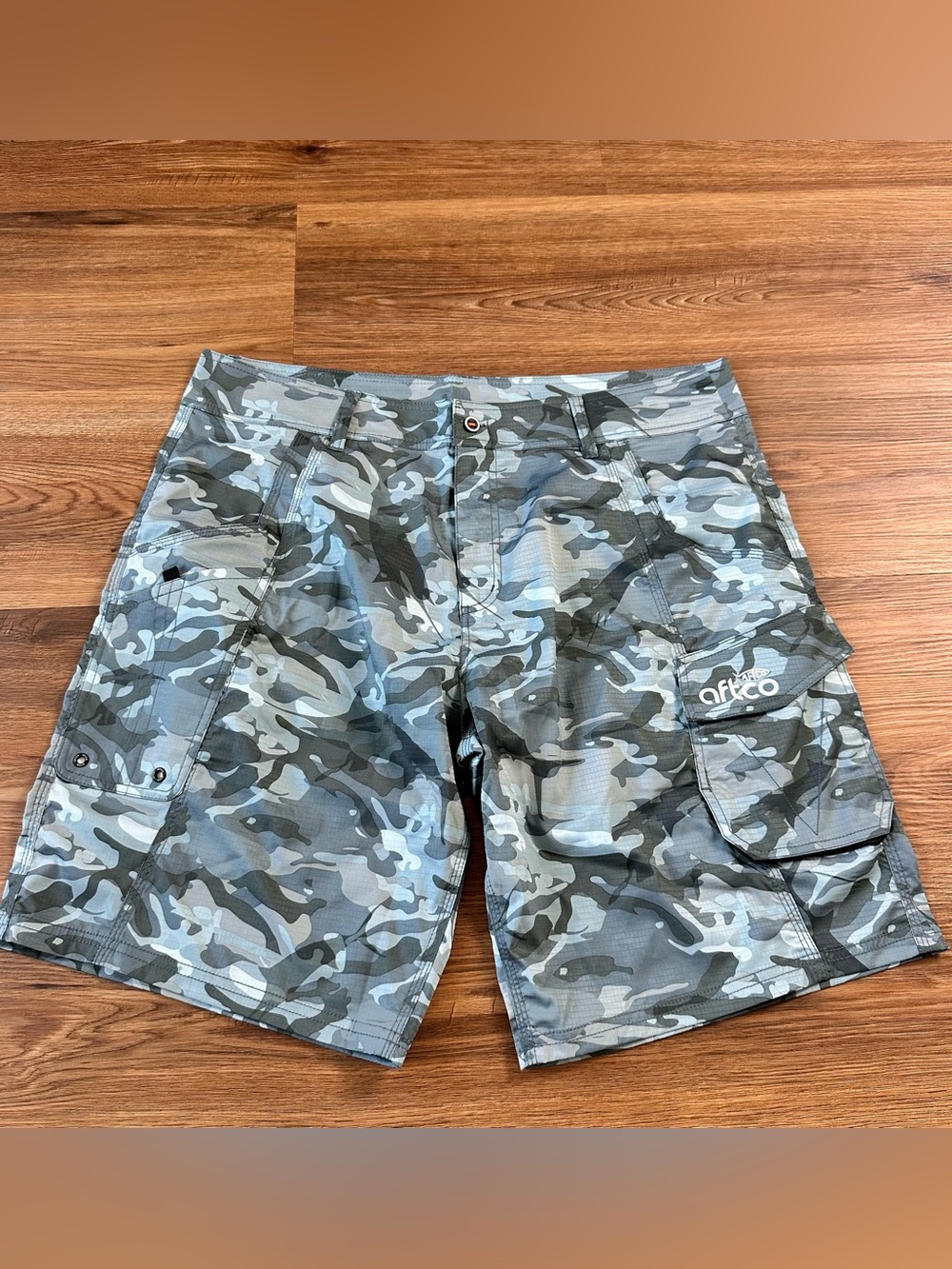 AFTCO Tactical Fishing Shorts Mens 38 Blue Camo 10” Cargo Stretch DWR Finish EUC
